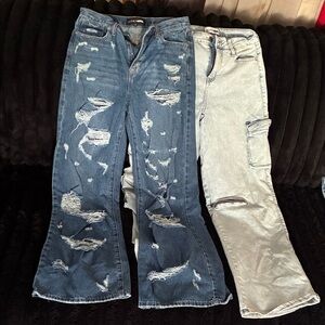 Fashion Nova Blue and Gray Distressed Flare Jeans